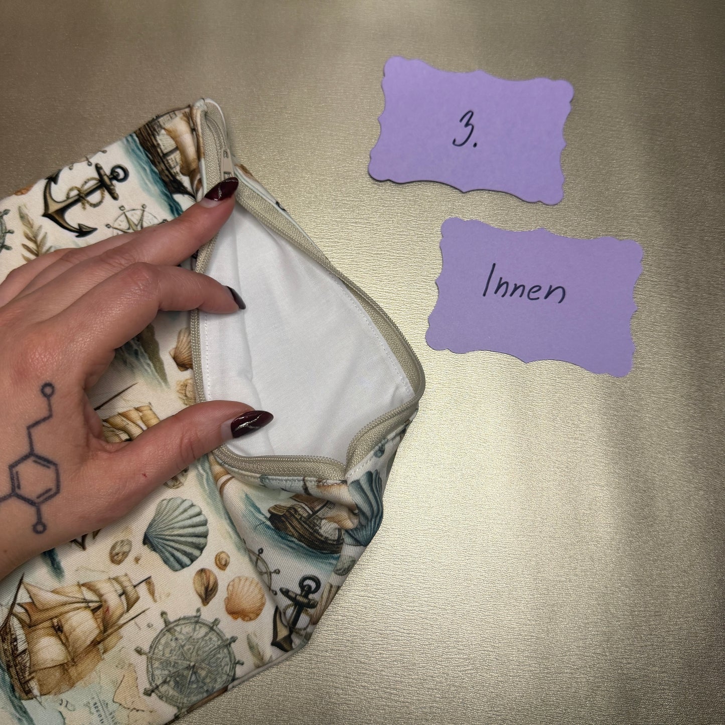 Buchbeutel mit Reißverschluss - Maritim 1, beige