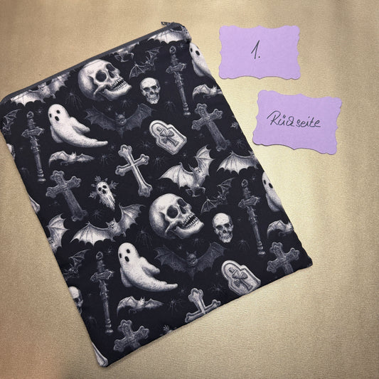 Buchbeutel mit Reißverschluss - Totenkopf 4 - schwarz/weiß