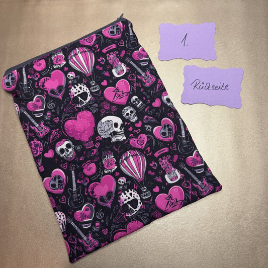 Buchbeutel mit Reißverschluss - Totenkopf 3 - schwarz/pink/weiß