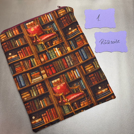 Buchbeutel mit Reißverschluss - Books & Chair - braun/rot
