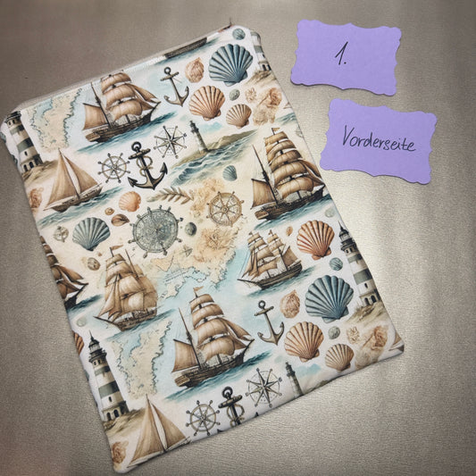 Buchbeutel mit Reißverschluss - Maritim 1, beige