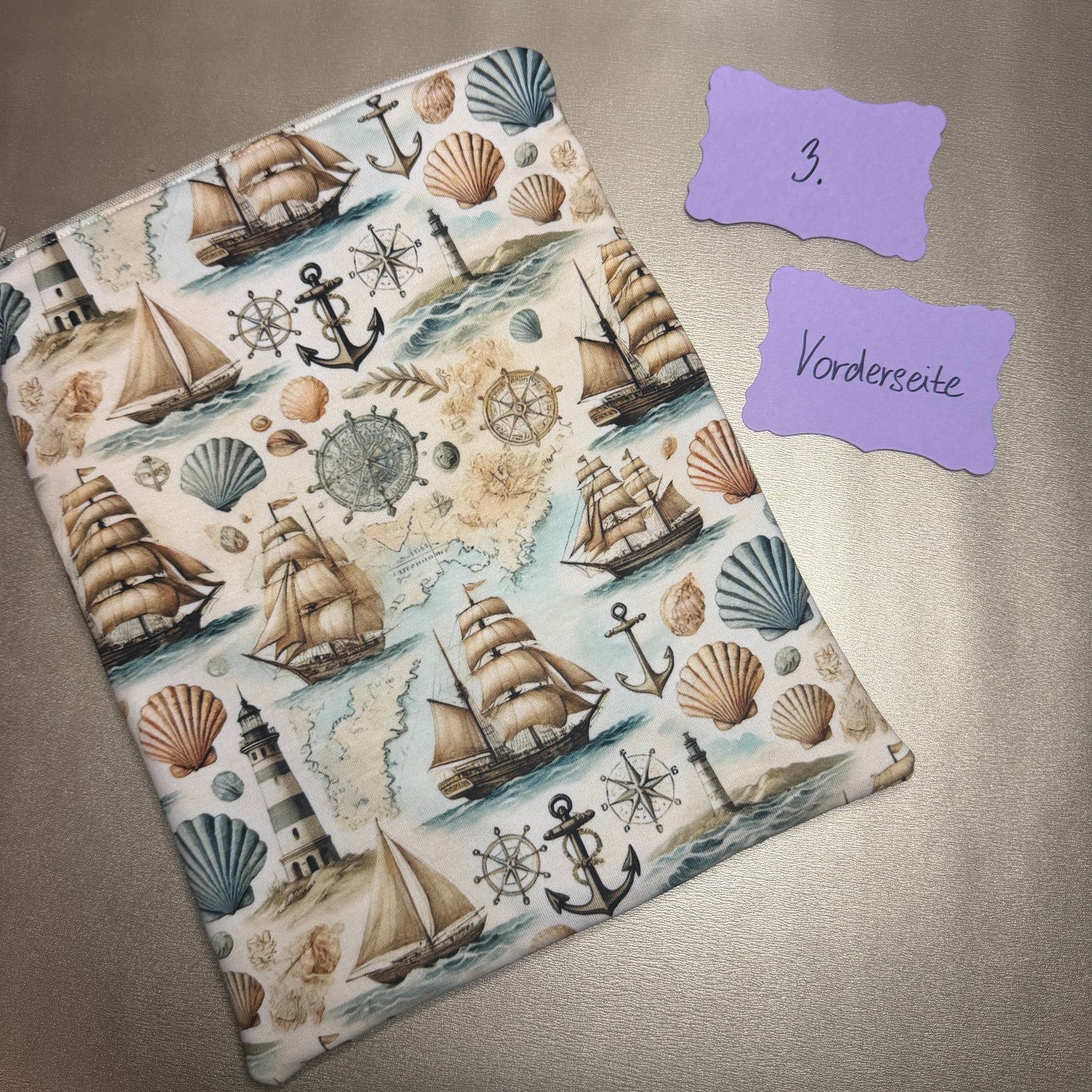 Buchbeutel mit Reißverschluss - Maritim 1, beige