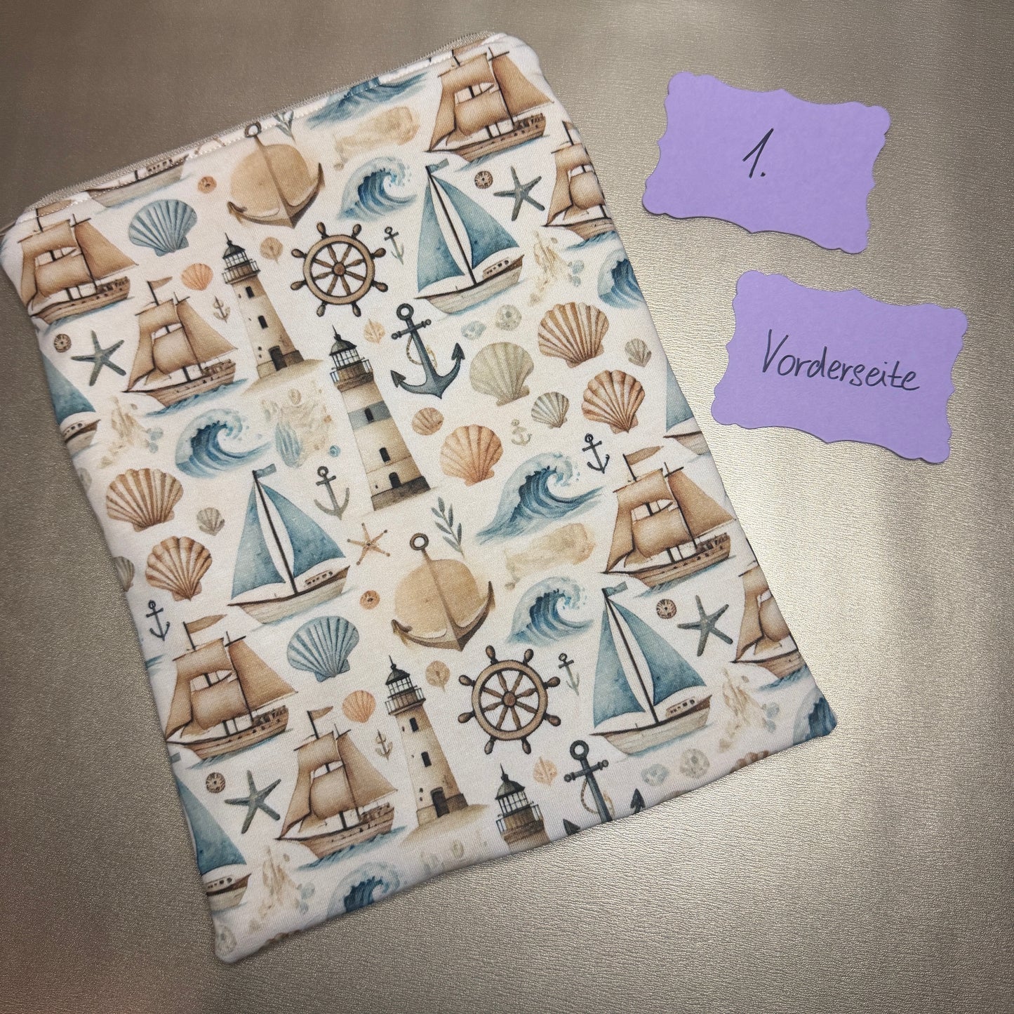 Buchbeutel mit Reißverschluss - Maritim 2, beige