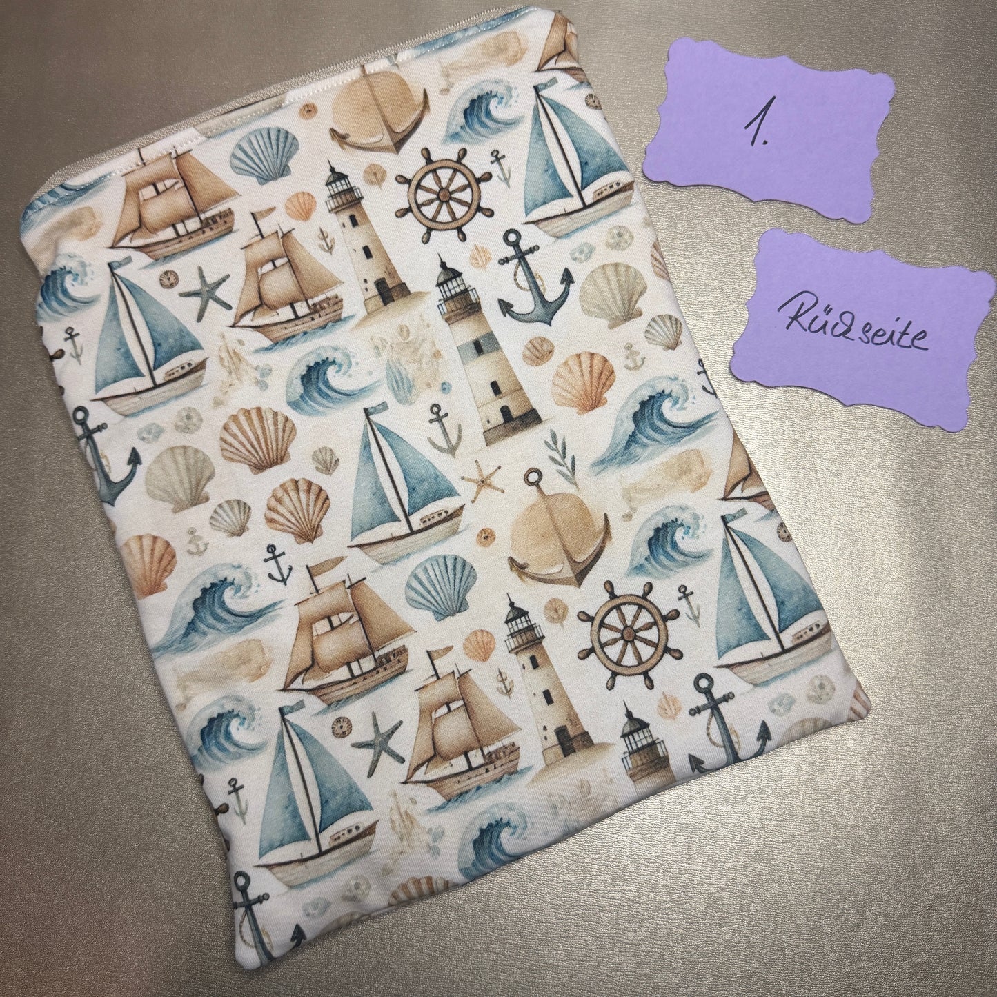 Buchbeutel mit Reißverschluss - Maritim 2, beige