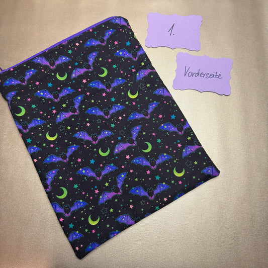 Buchbeutel mit Reißverschluss, Mond & Fledermäuse, schwarz/lila