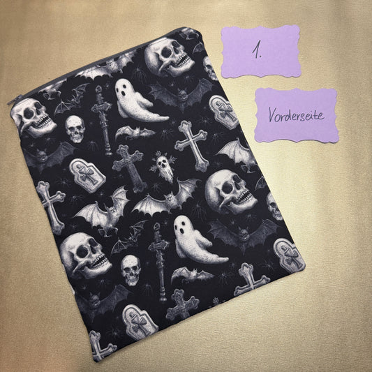 Buchbeutel mit Reißverschluss - Totenkopf 4 - schwarz/weiß