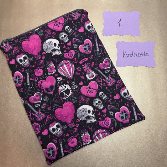 Buchbeutel mit Reißverschluss - Totenkopf 3 - schwarz/pink/weiß