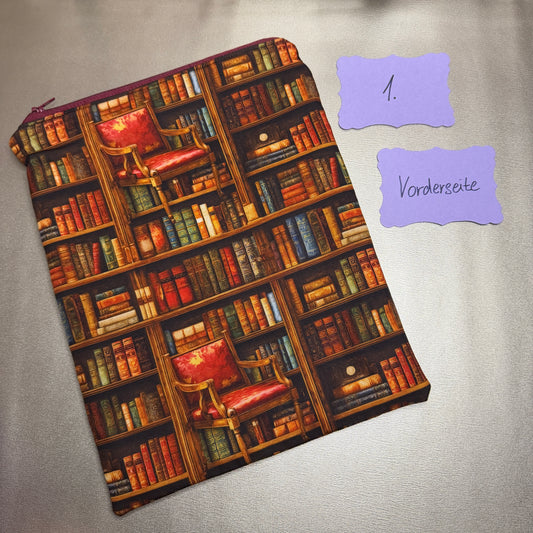 Buchbeutel mit Reißverschluss - Books & Chair - braun/rot