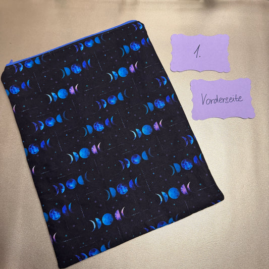 Buchbeutel mit Reißverschluss - Mondphasen - schwarz/blau