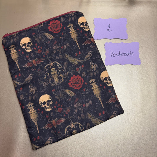 Buchbeutel mit Reißverschluss - Totenkopf 2 - schwarz/rot