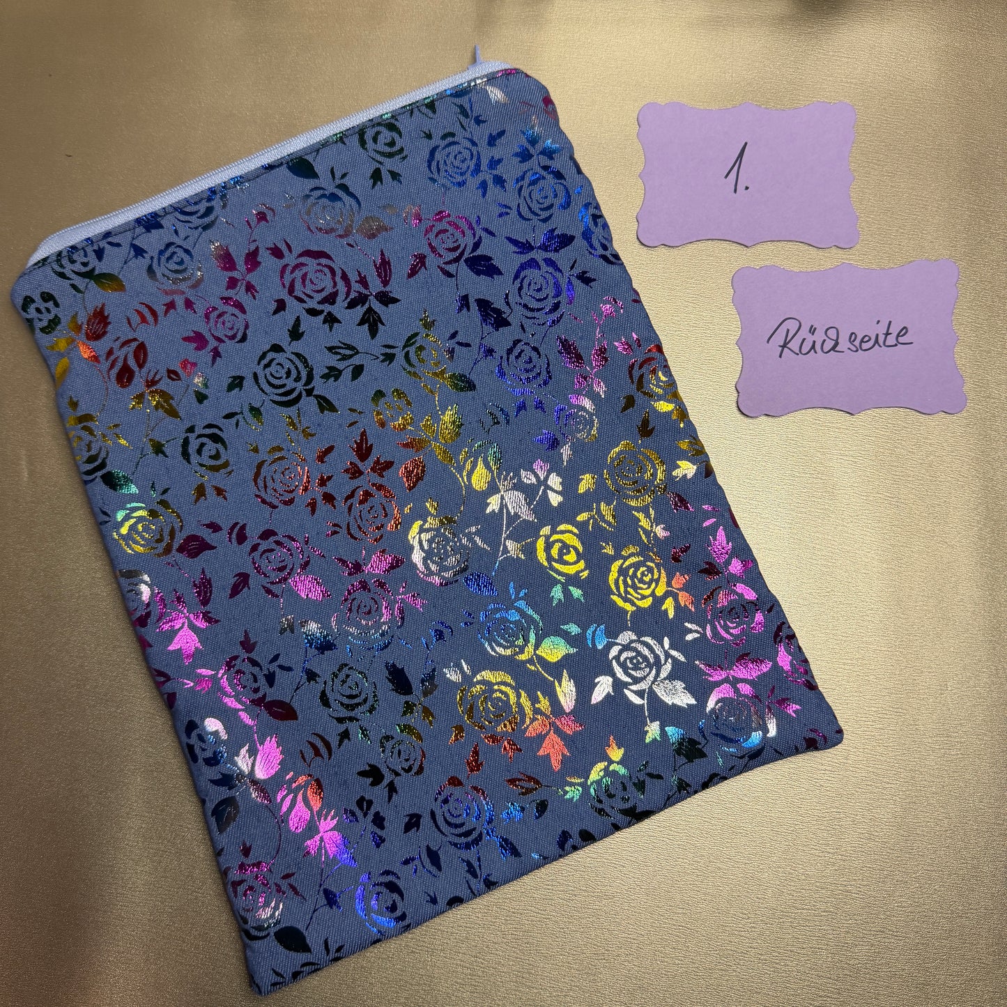 Buchbeutel mit Reißverschluss - Rosen - blau/holo