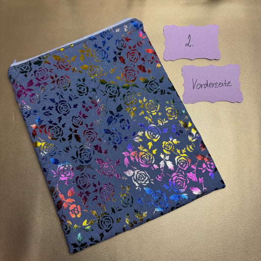Buchbeutel mit Reißverschluss - Rosen - blau/holo