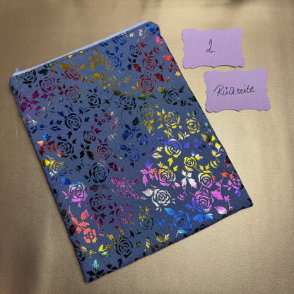 Buchbeutel mit Reißverschluss - Rosen - blau/holo