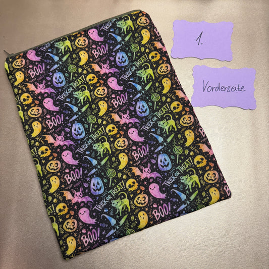 Buchbeutel mit Reißverschluss - Trick or Treat - schwarz/bunt